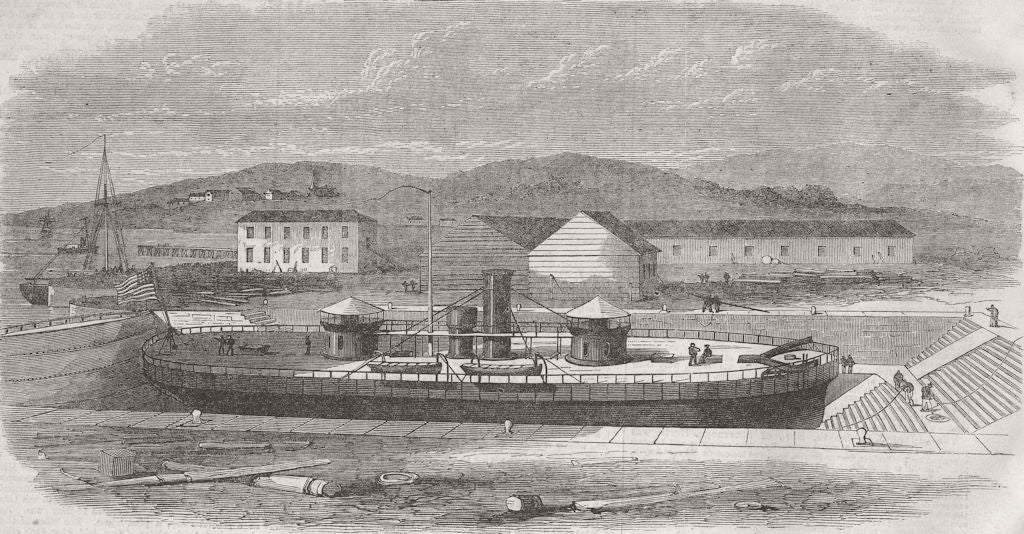 NEW YORK. US Ironclad Miantonomah, dry dock, Navy Yd  1866 old antique print